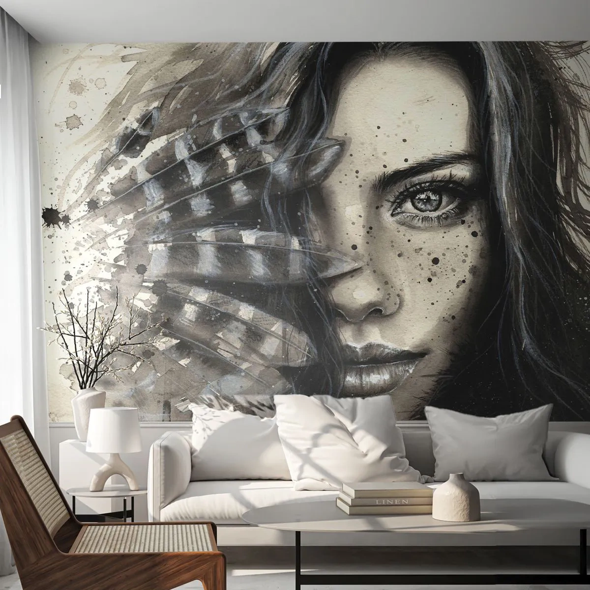 Papel de Parede Autocolante Deluxe Sticker - Beleza selvagem - Mulher, Penas de pássaros, Gráficos - 150x105 cm