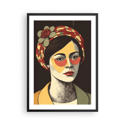 Pôster com moldura preta - Retrato estilizado de uma mulher com turbante e detalhes florais - 50x70cm - Senhora Coral - Decoração de parede moderna para a sala de estar e quarto ARTTOR