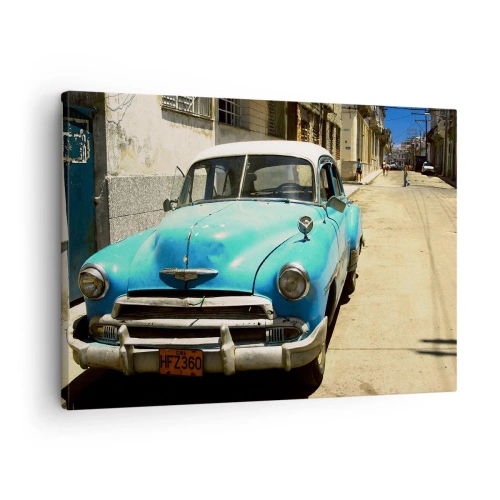 Quadro em tela - Um carro clássico azul na rua em um dia ensolarado - 70x50cm - Evviva Cuba! - Decoração de parede moderna para a sala de estar e quarto ARTTOR