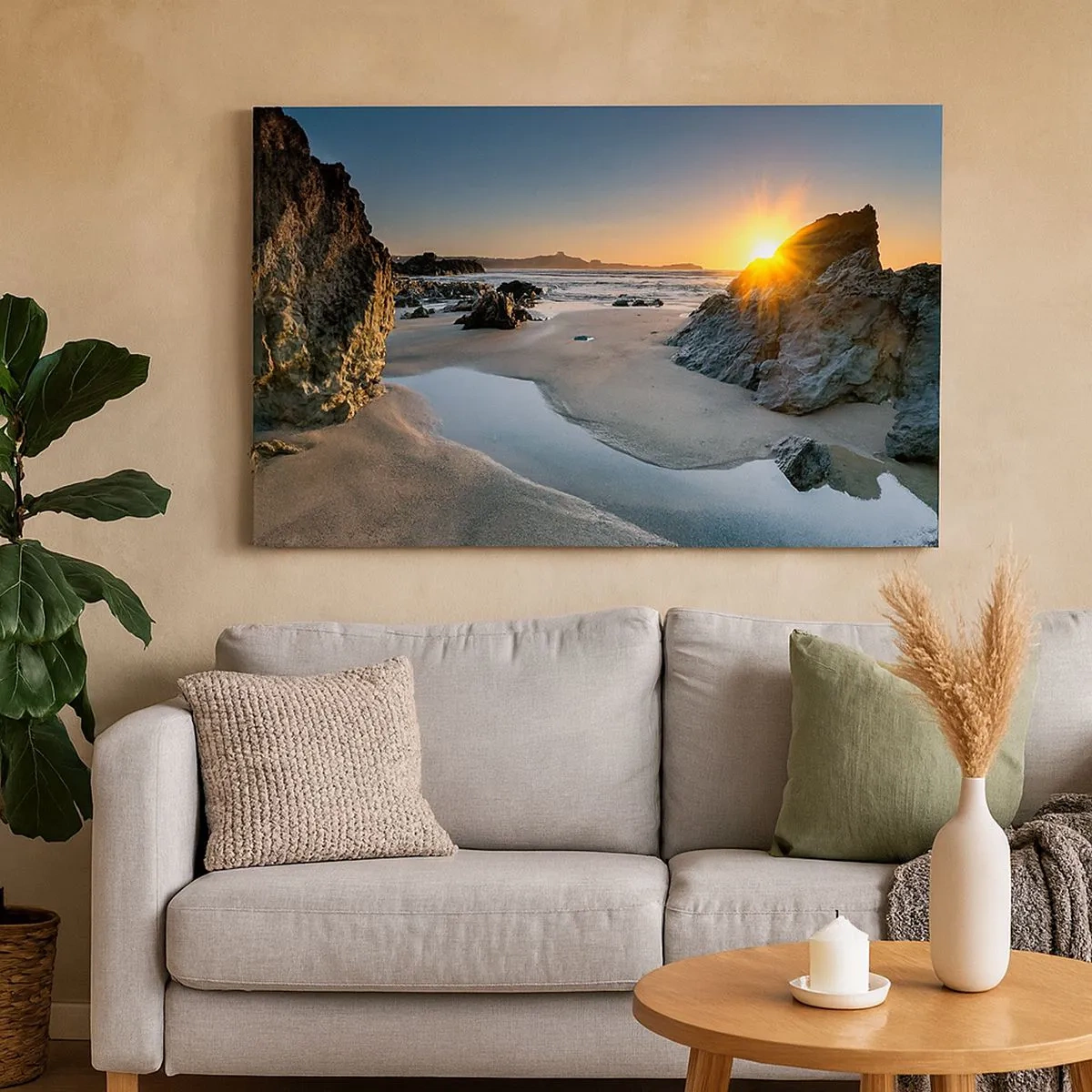 Quadro em tela - Pôr do sol pitoresco em uma praia rochosa - 70x50cm - Intocado pela mão humana - Decoração de parede moderna para a sala de estar e quarto ARTTOR
