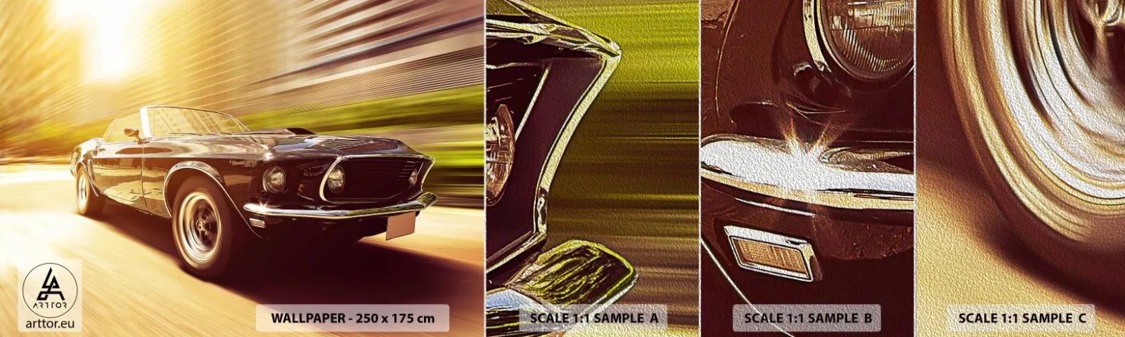 Amostra de papel de parede Premium Sand - 1967 - O Retorno de uma Lenda - Carro, Cabriolé, Automotivo - 100x30 cm