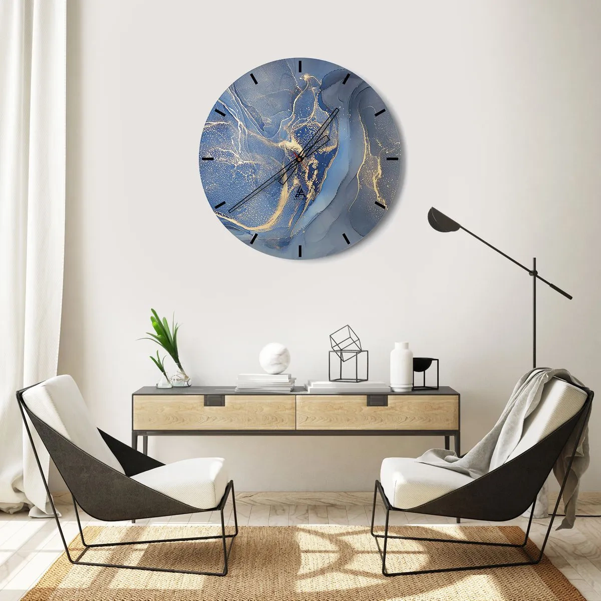 Relógio de parede - Relógio em vidro - Folhas douradas sobre fundo preto em uma composição moderna - 30x30cm - Pó dourado - Decoração de parede moderna para a sala de estar, cozinha e quarto ARTTOR