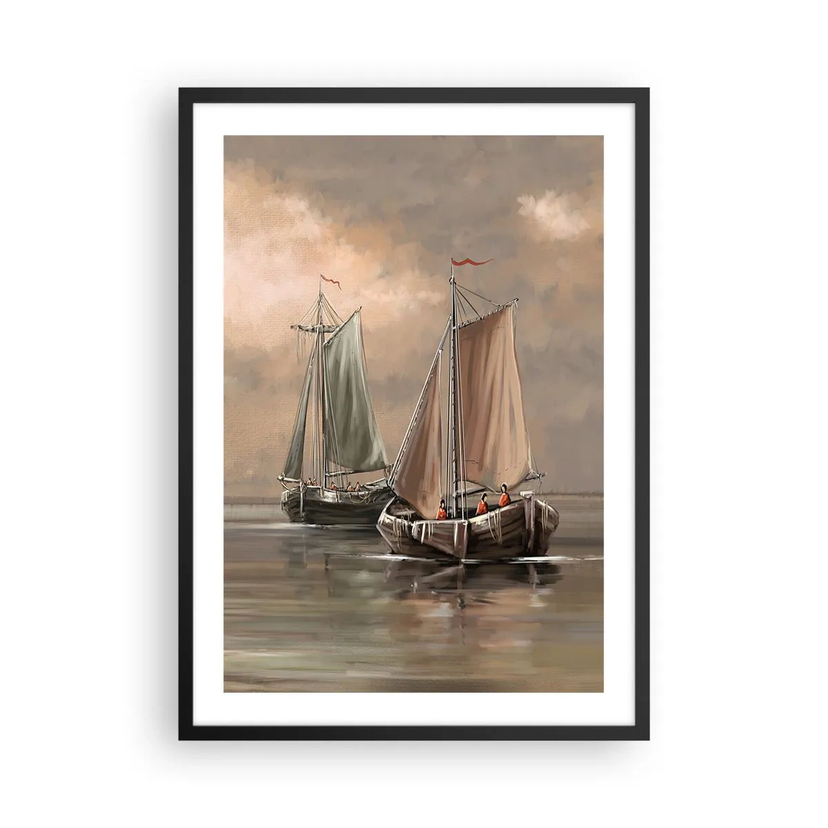 Pôster com moldura preta - Veleiros em mar calmo em tons pastel - 50x70cm - Regresso dos marinheiros - Decoração de parede moderna para a sala de estar e quarto ARTTOR