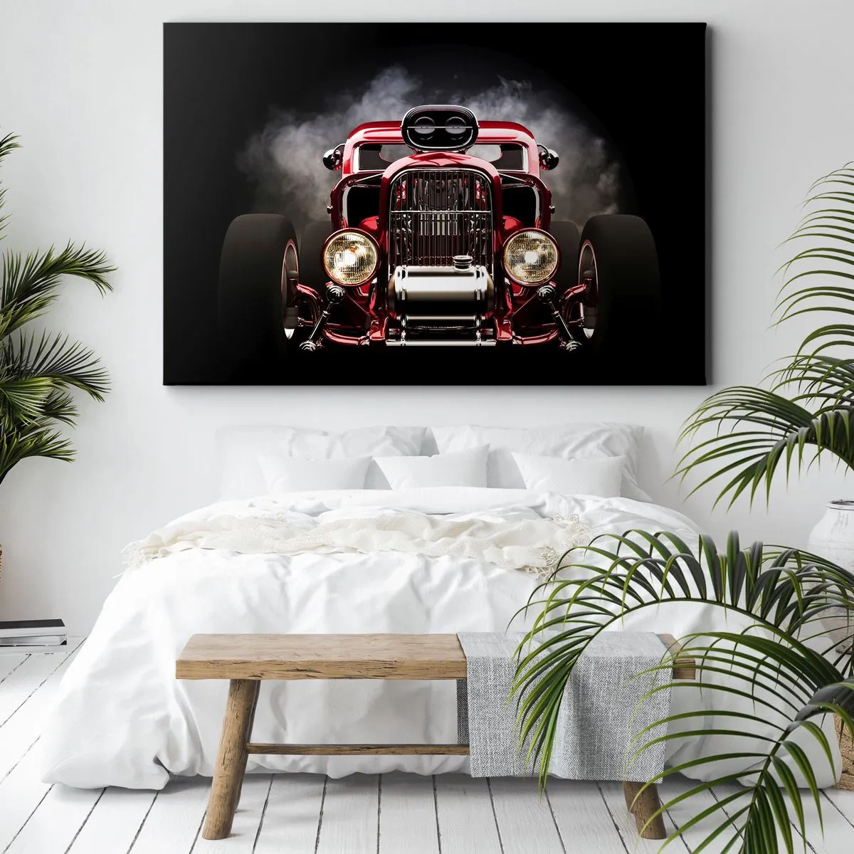 Quadro em tela - Carro de corrida clássico vermelho em um fundo escuro - 70x50cm - Velozes e bonitos - Decoração de parede moderna para a sala de estar e quarto ARTTOR