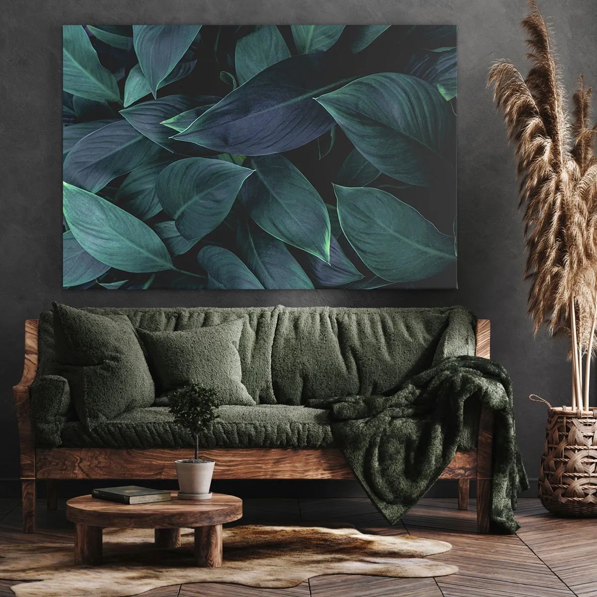 Quadro em tela - Close-up de folhas verdes com fundo escuro - 70x50cm - Verde em si - Decoração de parede moderna para a sala de estar e quarto ARTTOR