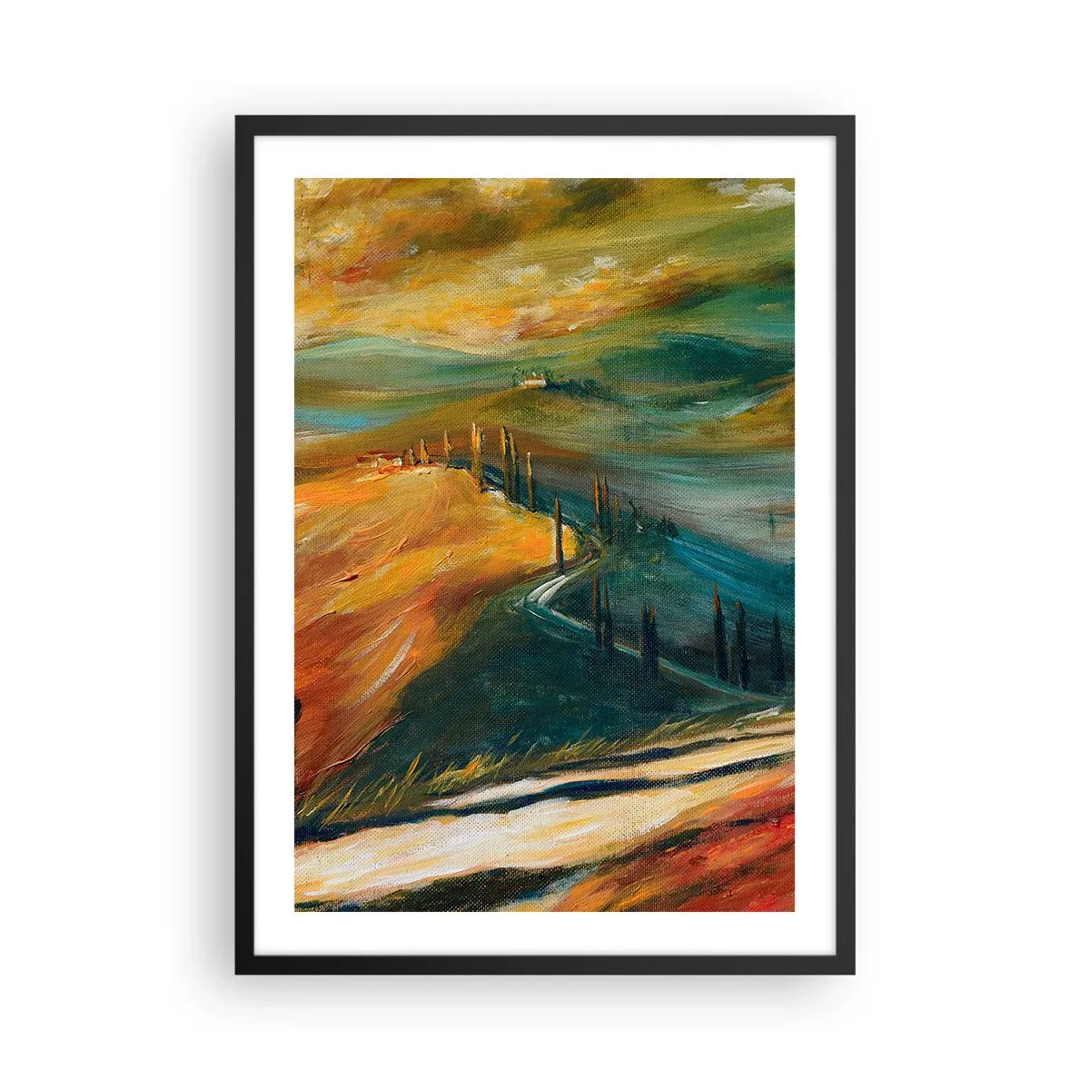 Pôster com moldura preta - Uma paisagem de cores intensas, uma estrada entre as colinas - 50x70cm - Paisagem da Toscana - Decoração de parede moderna para a sala de estar e quarto ARTTOR
