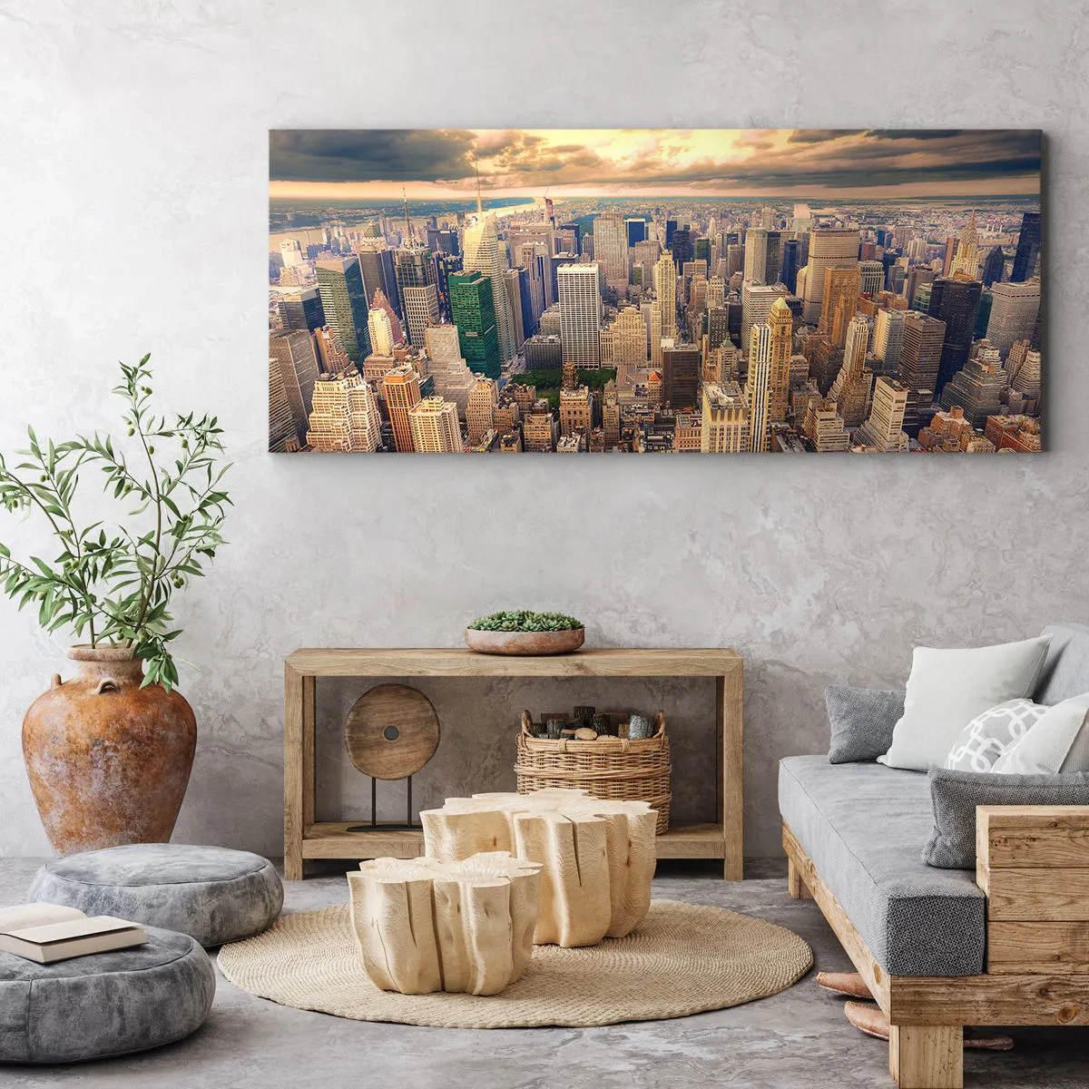 Quadro em tela - Metrópole dourada - 90x30 cm