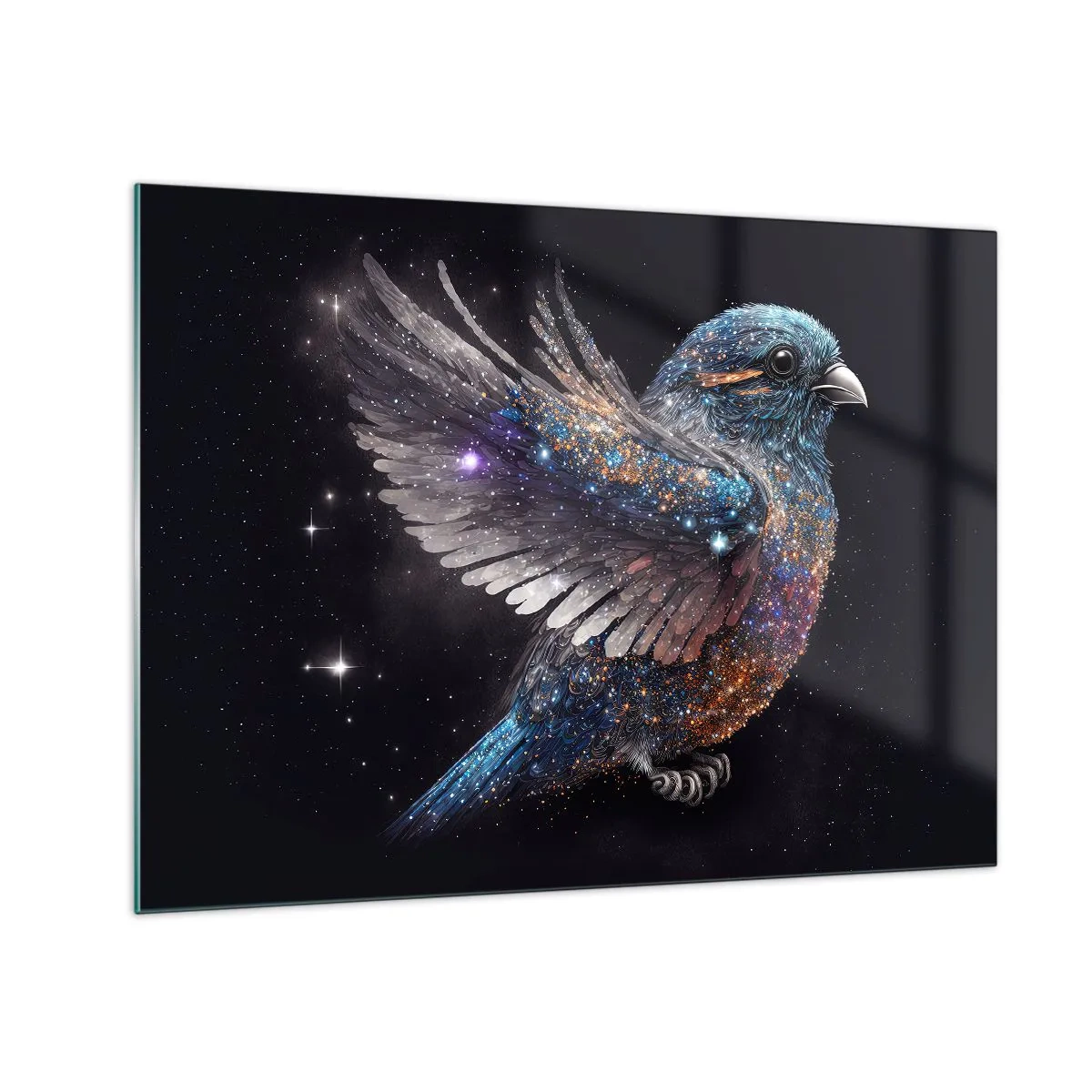 Quadro em vidro - Pardal Espacial com Glitter Diamante - 70x50cm - Pardal de diamante - Decoração de parede moderna para a sala de estar e quarto ARTTOR