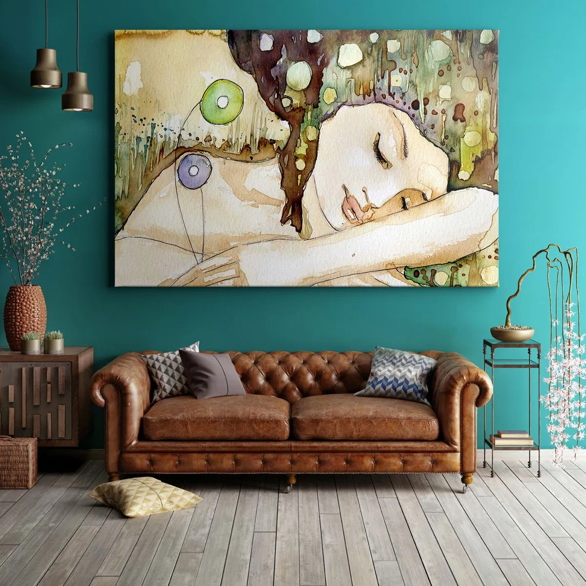 Quadro em tela - Uma mulher sonhando cercada por formas e cores abstratas. - 70x50cm - Um sonho Violeta Esmeralda - Decoração de parede moderna para a sala de estar e quarto ARTTOR