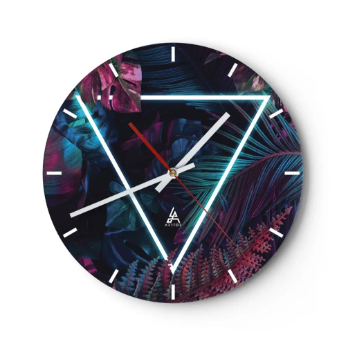 Relógio de parede - Relógio em vidro - Folhas tropicais e samambaias com triângulo neon - 30x30cm - Jardim estilo discoteca - Decoração de parede moderna para a sala de estar, cozinha e quarto ARTTOR