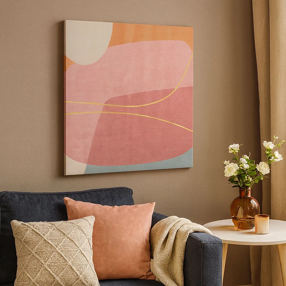 Quadro em tela - Composição pastel com fio dourado - 30x30 cm