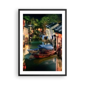 Pôster com moldura preta - Um canal de água com barcos cercados por edifícios tradicionais à noite - 50x70cm - Uma noite em uma rua chinesa - Decoração de parede moderna para a sala de estar e quarto ARTTOR