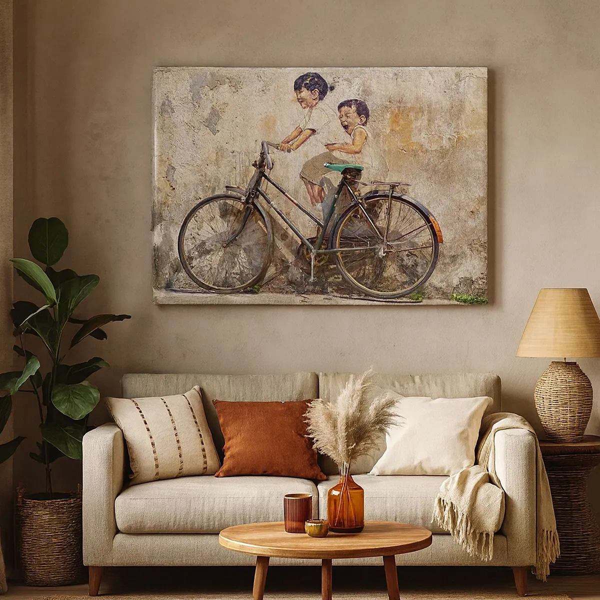 Quadro em tela - Arte de rua com bicicleta e desenhos infantis na parede - 70x50cm - Verdadeiro ou falso? - Decoração de parede moderna para a sala de estar e quarto ARTTOR