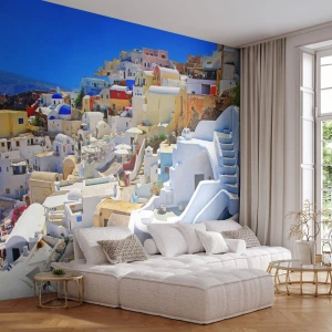 Papel de Parede Standard Eco - As casas brancas de Santorini contra o céu azul - 100x70cm - O sonho de um verão grego - Decoração de parede moderna para a sala de estar e quarto ARTTOR