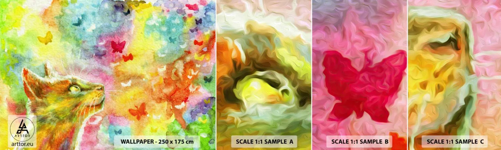 Amostra de papel de parede autocolante Deluxe Sticker - O paraíso dos gatos - Animais, Gato, Borboleta - 100x30 cm