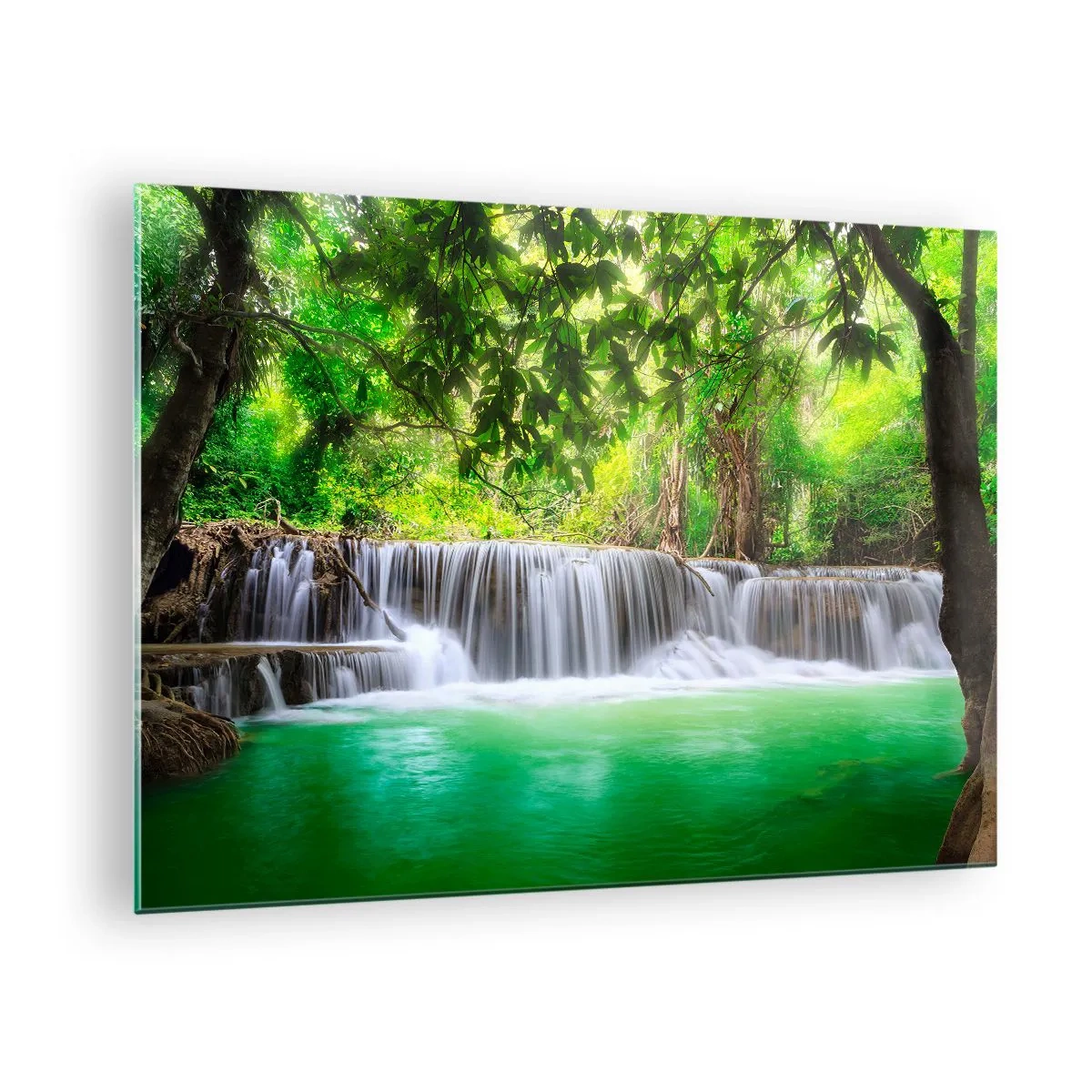 Quadro em vidro - Uma cachoeira em uma floresta tropical com águas cristalinas - 70x50cm - Cascata verde - Decoração de parede moderna para a sala de estar e quarto ARTTOR