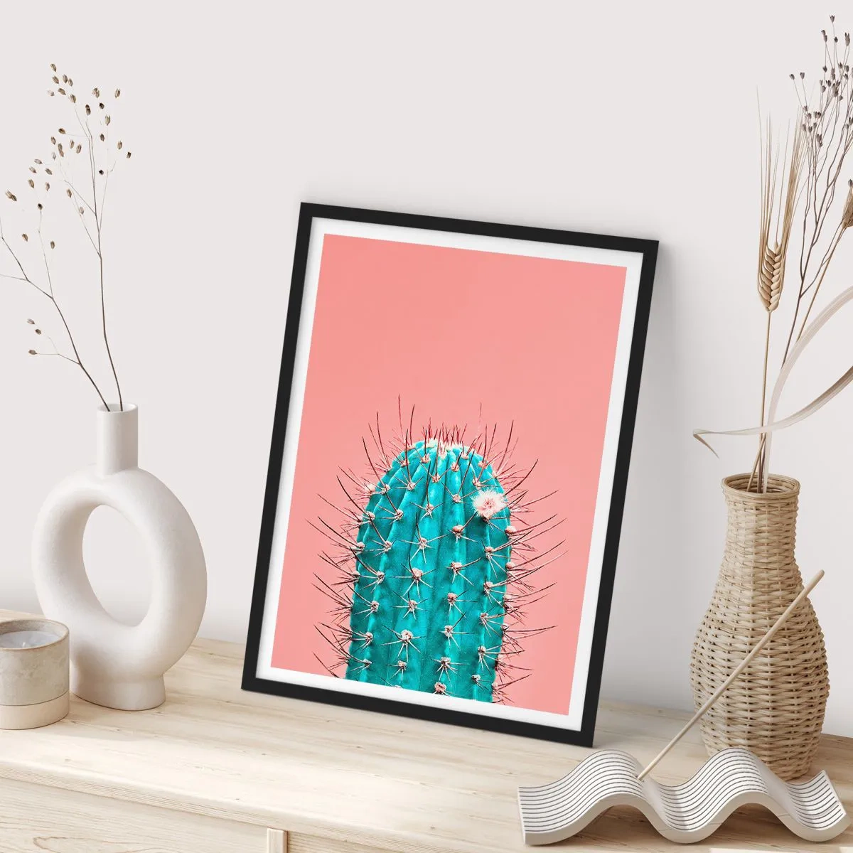 Pôster com moldura preta - Cacto turquesa em um fundo rosa - 50x70cm - Apenas olhe - Decoração de parede moderna para a sala de estar e quarto ARTTOR