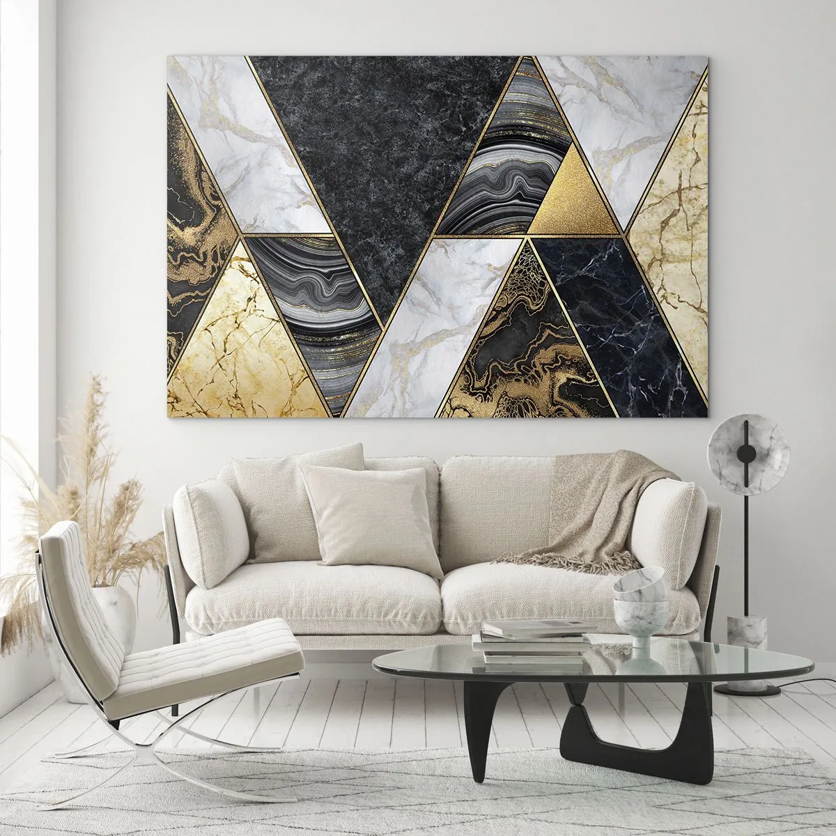 Quadro em vidro - Padrão geométrico de triângulos de mármore e ouro - 70x50cm - Pedra por pedra - Decoração de parede moderna para a sala de estar e quarto ARTTOR