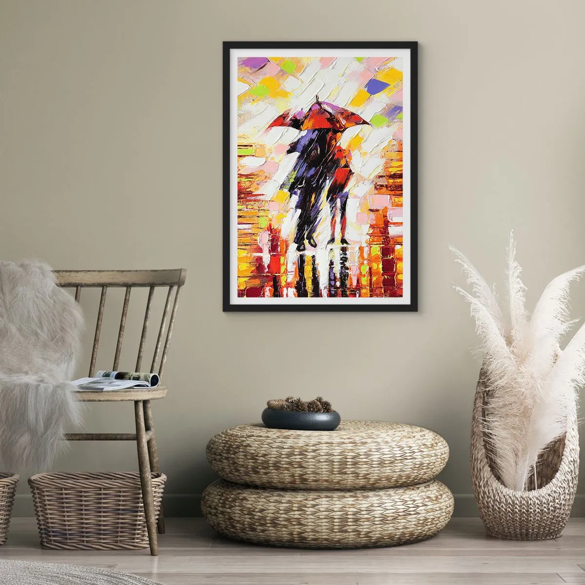 Pôster com moldura preta - Juntos durante a noite e a chuva - 70x100 cm