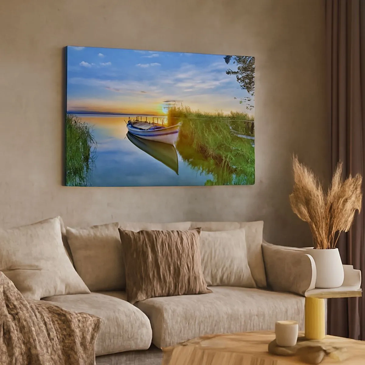 Quadro em tela - Um barco em uma baía tranquila ao pôr do sol - 70x50cm - Enseada de sonhos realizados - Decoração de parede moderna para a sala de estar e quarto ARTTOR