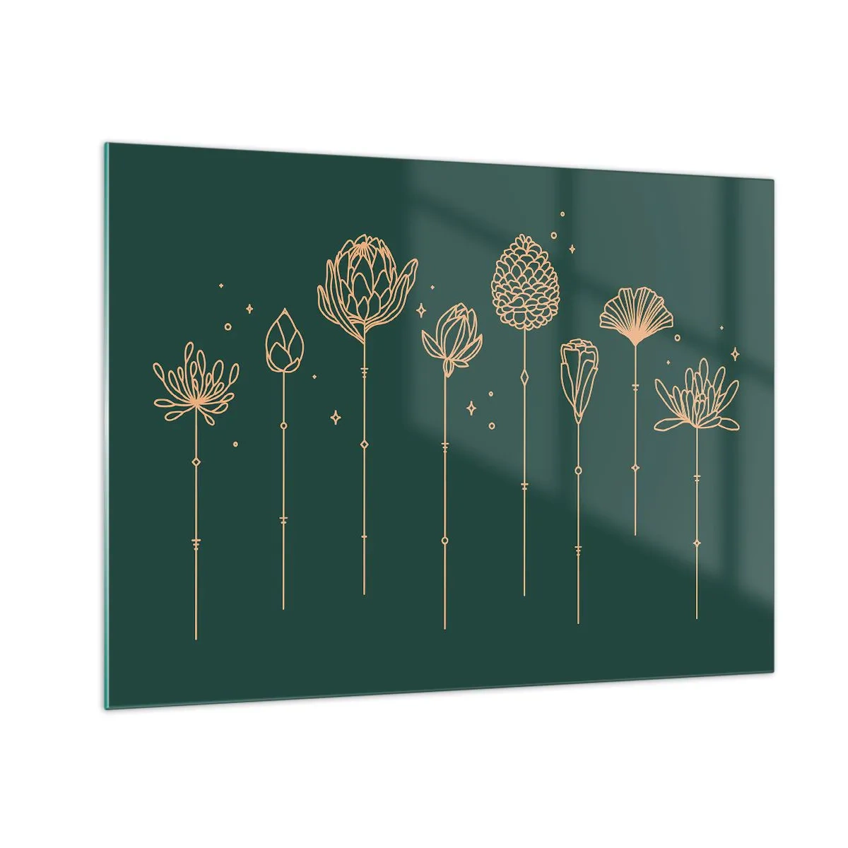 Quadro em vidro - Contornos dourados de ervas e flores em um fundo verde escuro - 70x50cm - A família RAMOS - Decoração de parede moderna para a sala de estar e quarto ARTTOR