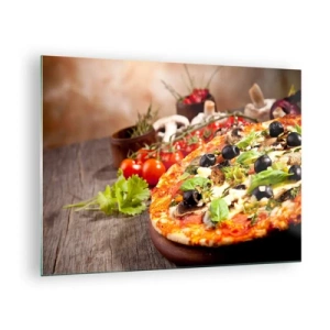 Quadro em vidro - Pizza com azeitonas, cogumelos e ervas frescas em uma mesa de madeira - 70x50cm - Ingredientes telúricos - Decoração de parede moderna para a sala de estar e quarto ARTTOR