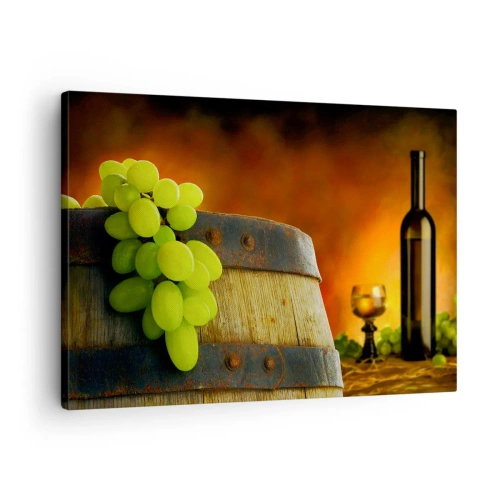 Quadro em tela - Uvas em um barril de vinho com um esquema de cores quentes ao fundo - 70x50cm - Natureza morta com uma garrafa de vinho e um cacho de uvas - Decoração de parede moderna para a sala de estar e quarto ARTTOR