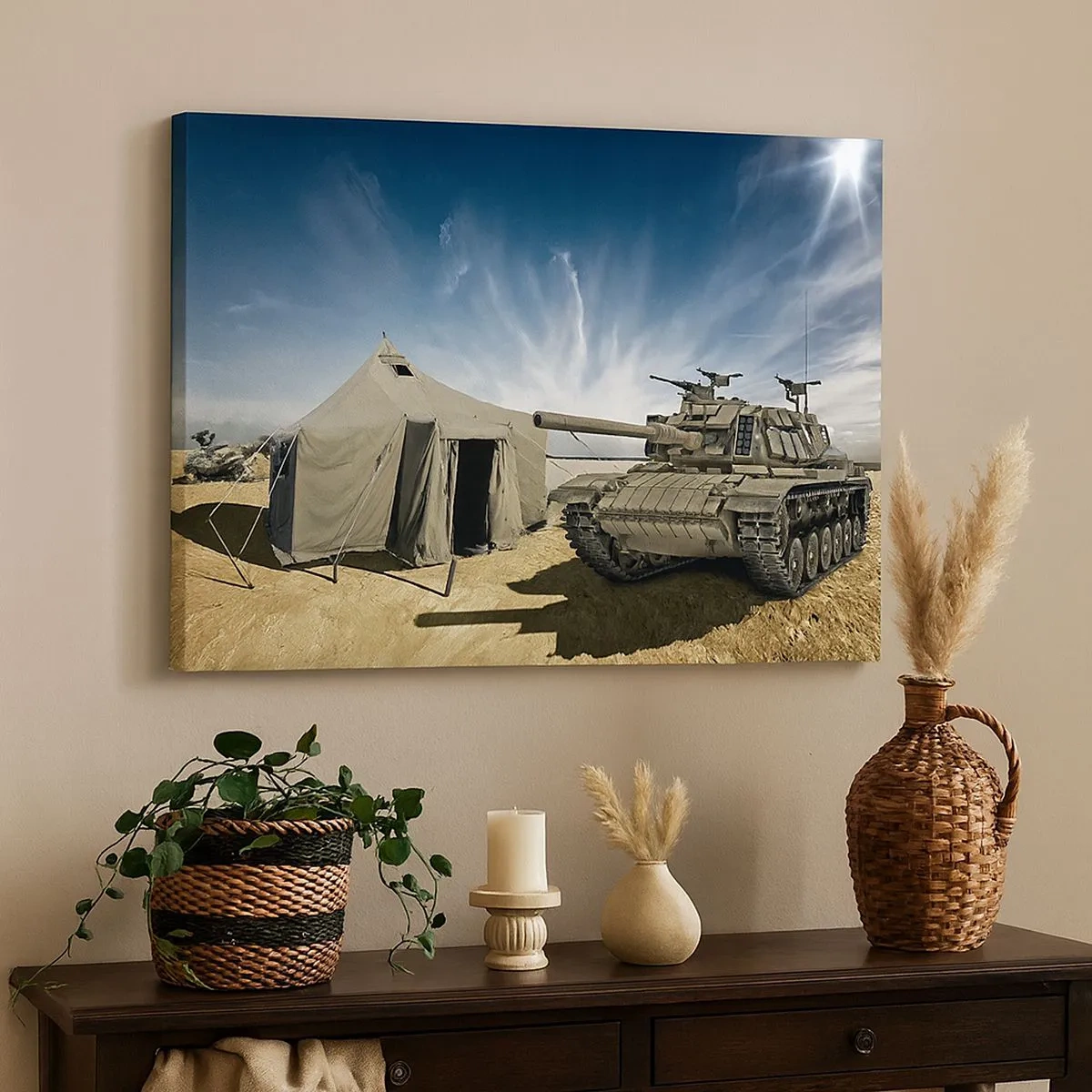Quadro em tela - Um tanque ao lado de uma tenda militar em uma área desértica - 70x50cm - Sonho militar - Decoração de parede moderna para a sala de estar e quarto ARTTOR
