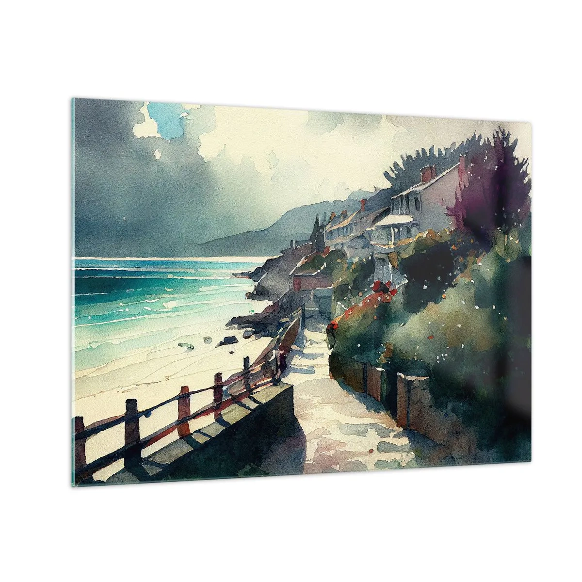 Quadro em vidro - Um passeio marítimo com casas coloridas e água - 70x50cm - Cidade mediterrânea - Decoração de parede moderna para a sala de estar e quarto ARTTOR