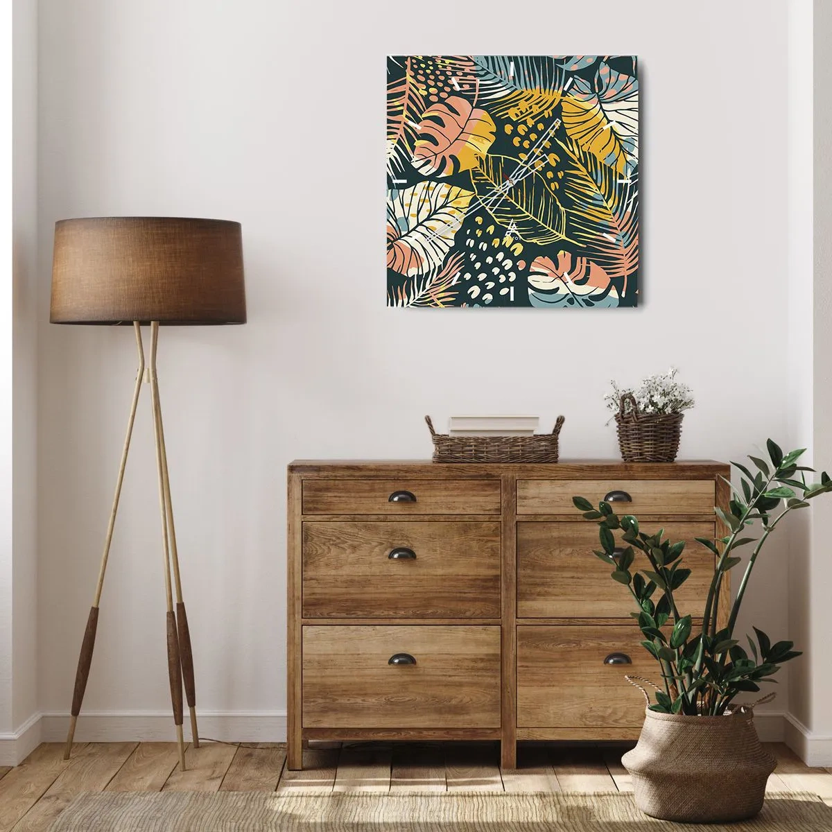 Relógio de parede - Relógio em vidro - Fantasia de folhas - 30x30 cm