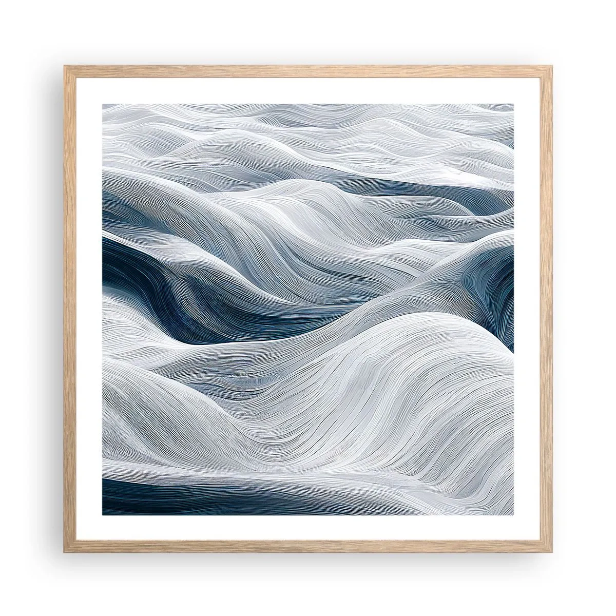 Pôster com moldura de carvalho claro - Ondas brancas e azuis - 60x60 cm