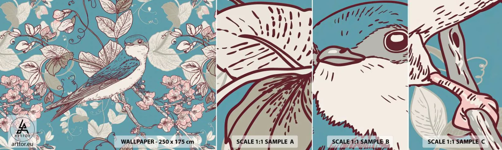 Amostra de papel de parede autocolante Deluxe Sticker - Cantos no choupo-branco - Abstração, Engolir, Pássaro - 100x30 cm