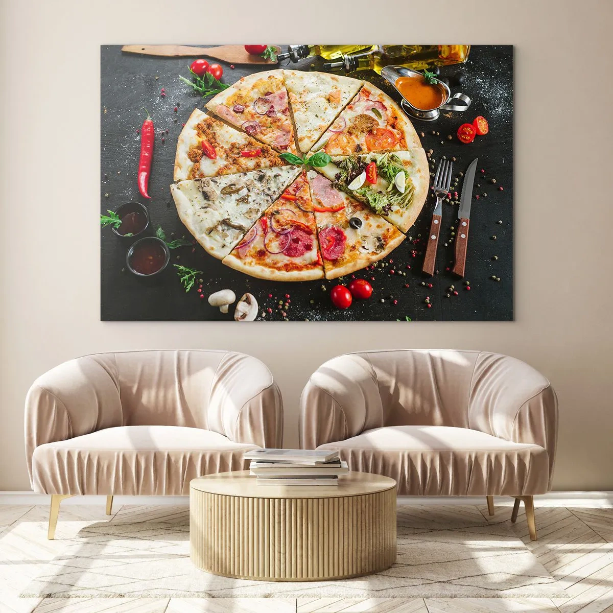 Quadro em vidro - Pizza de vários sabores com coberturas em fundo escuro - 70x50cm - Gama de sabores - Decoração de parede moderna para a sala de estar e quarto ARTTOR