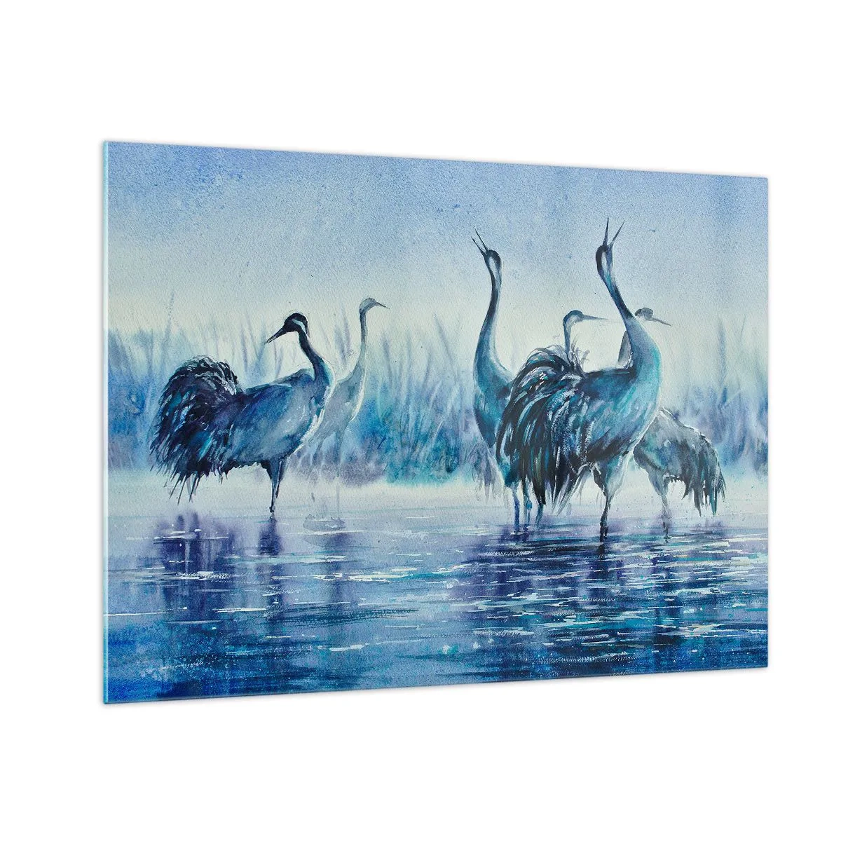 Quadro em vidro - Pássaros nadando em águas azuis - 70x50cm - Reunião matinal - Decoração de parede moderna para a sala de estar e quarto ARTTOR