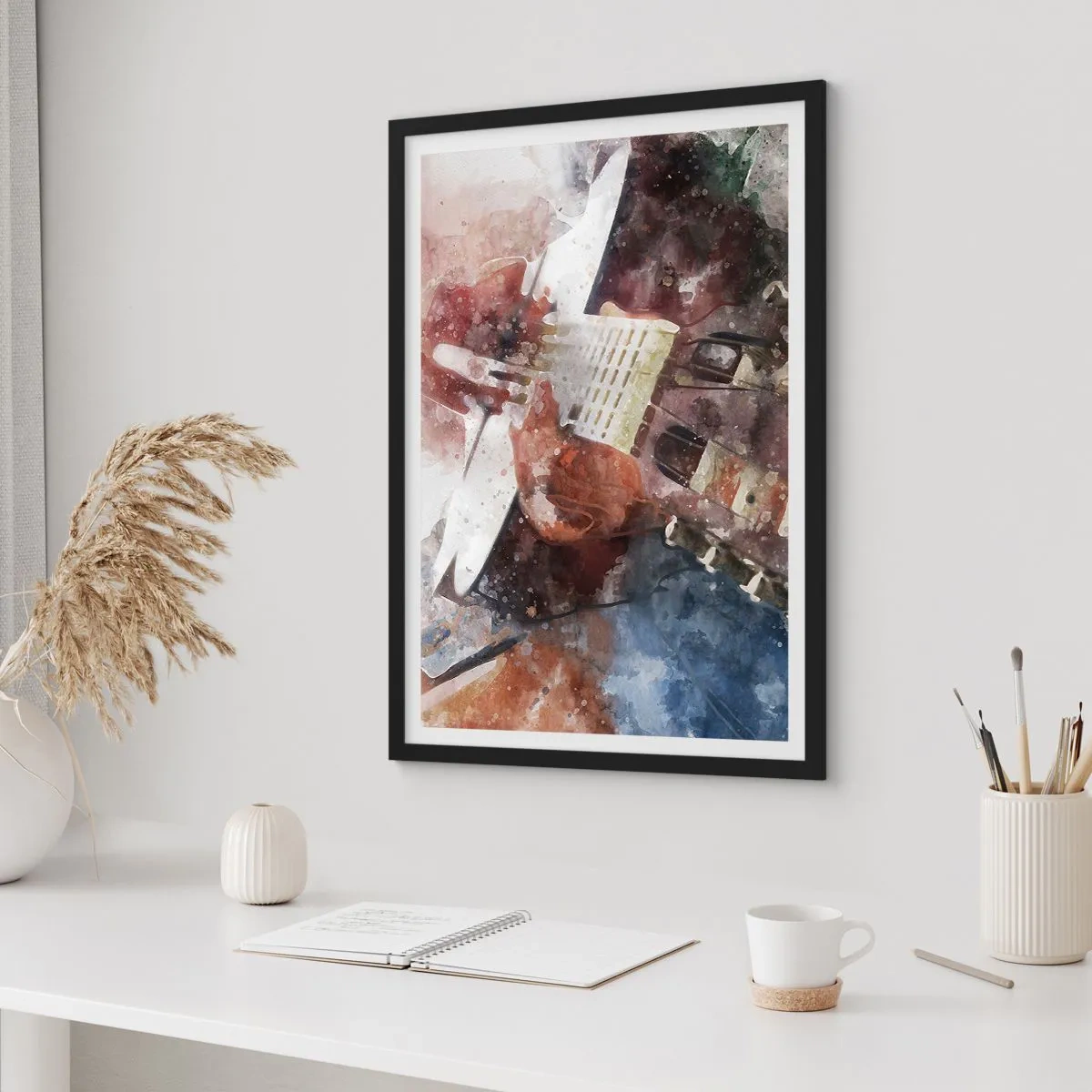 Pôster com moldura preta - Representação artística de uma guitarra em estilo aquarela - 50x70cm - E o que acha? - Decoração de parede moderna para a sala de estar e quarto ARTTOR