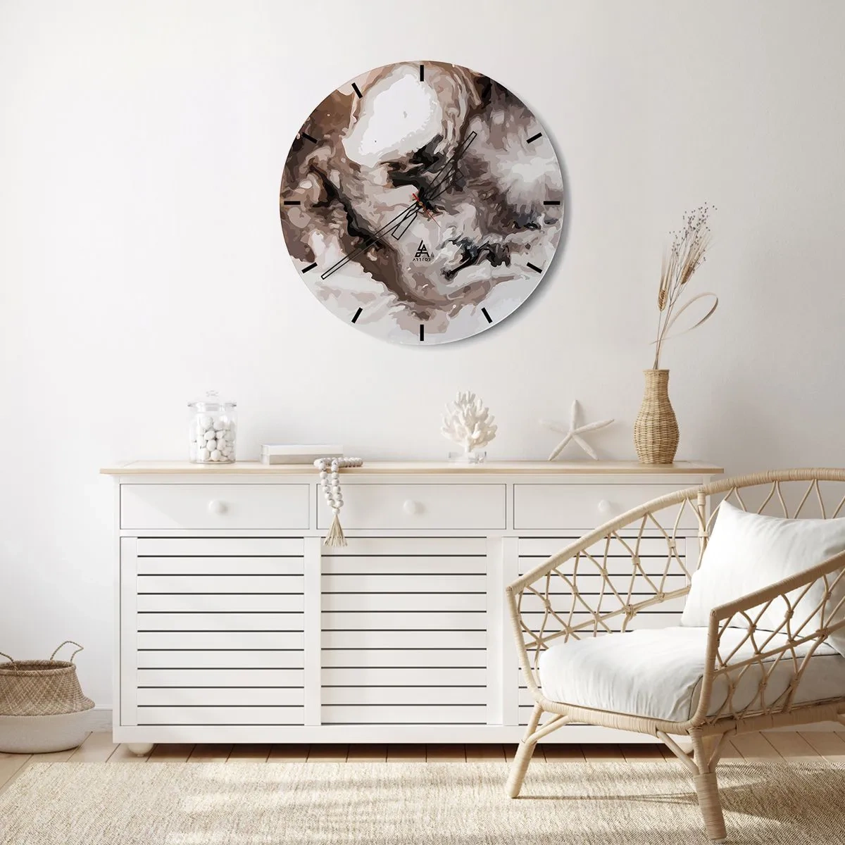 Relógio de parede - Relógio em vidro - Padrão abstrato em tons de marrom, branco e cinza - 30x30cm - O nascimento de uma galáxia - Decoração de parede moderna para a sala de estar, cozinha e quarto ARTTOR