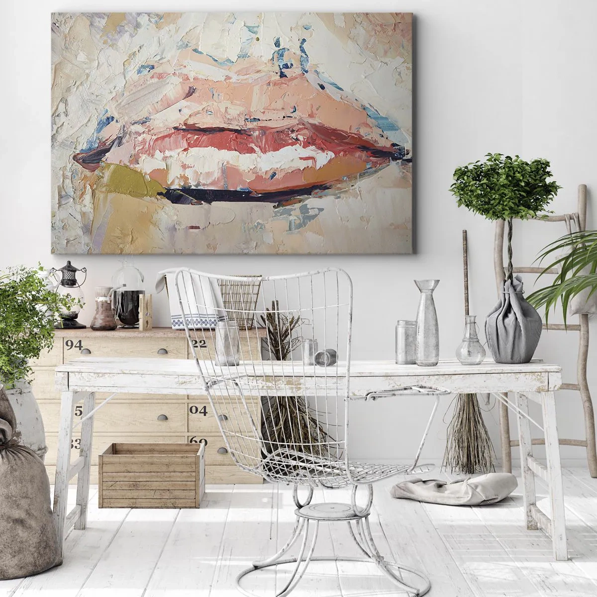 Quadro em tela - Uma composição abstrata representando os lábios de uma mulher em cores pastéis. - 70x50cm - Desperta os sentidos - Decoração de parede moderna para a sala de estar e quarto ARTTOR
