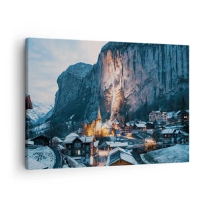 Quadro em tela - Uma pitoresca vila de inverno cercada por montanhas - 70x50cm - O espírito luminoso do inverno - Decoração de parede moderna para a sala de estar e quarto ARTTOR