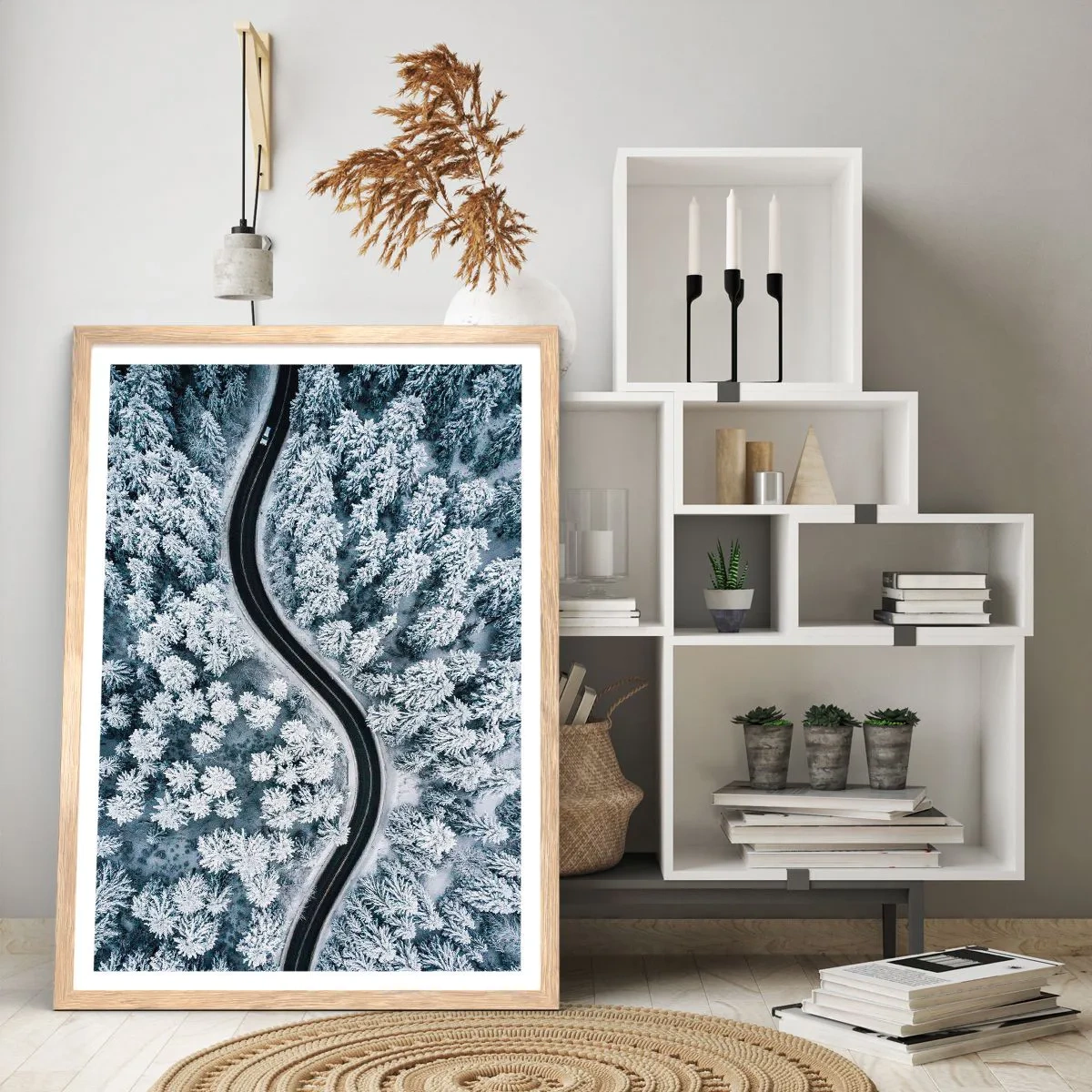 Pôster com moldura de carvalho claro - Pelaa floresta no inverno - 70x100 cm