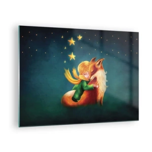 Quadro em vidro - Pequeno Príncipe abraçando uma raposa sob um céu estrelado - 70x50cm - O Pequeno Príncipe - Decoração de parede moderna para a sala de estar e quarto ARTTOR