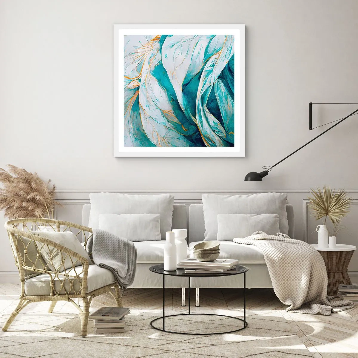 Pôster em moldura branca - Abstração azul com lema dourado - 50x50 cm