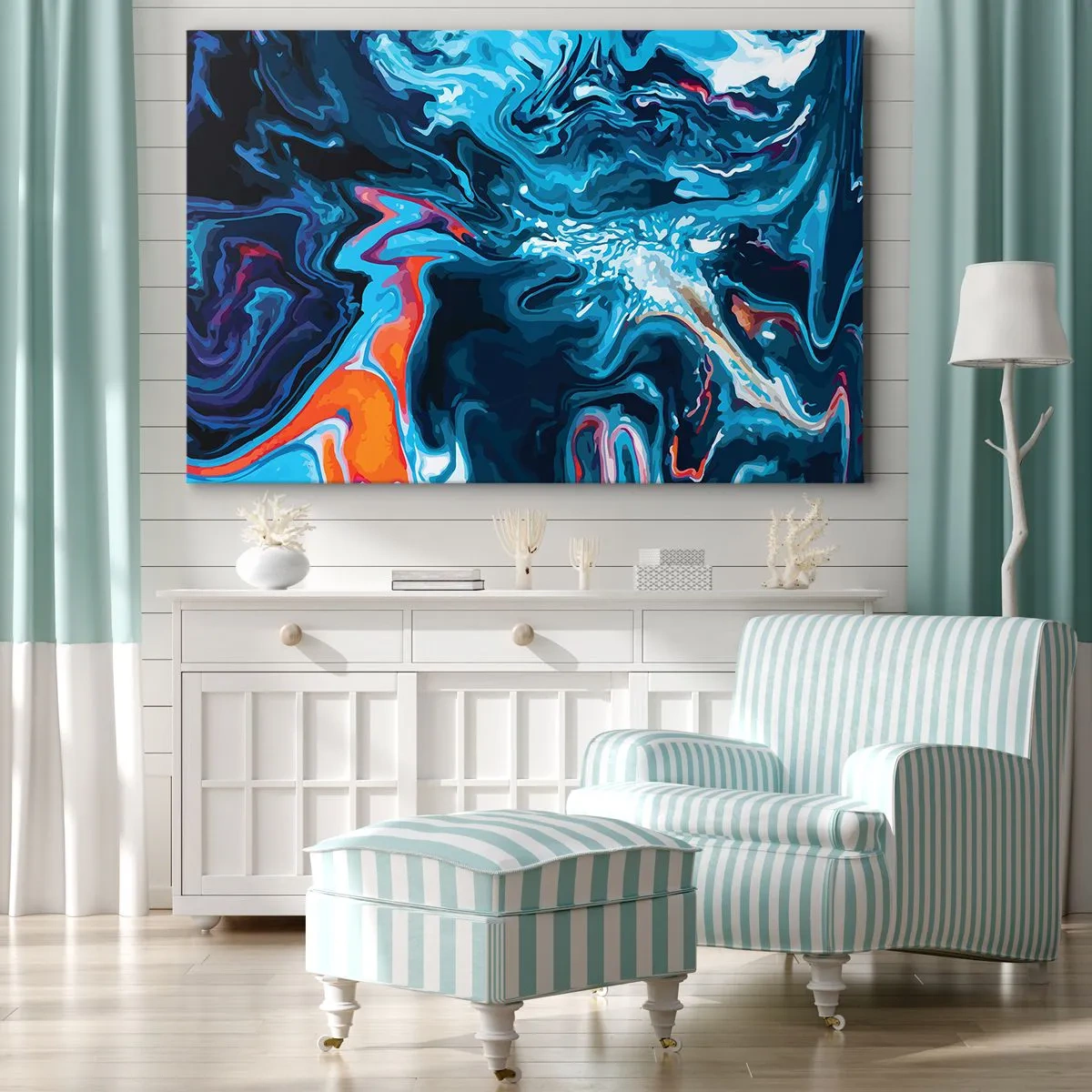 Quadro em tela - Um padrão abstrato em tons de azul com detalhes em laranja. - 70x50cm - Viagem ao centro do céu - Decoração de parede moderna para a sala de estar e quarto ARTTOR
