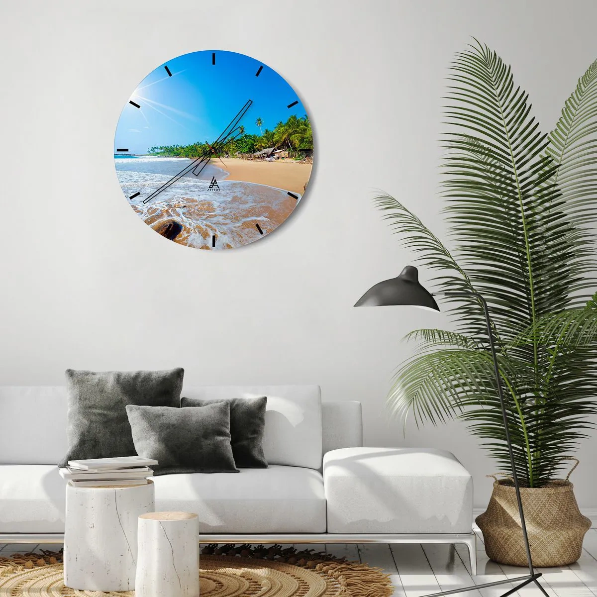 Relógio de parede - Relógio em vidro - Praia tropical com palmeiras e céu azul - 30x30cm - Um lugar exótico para si - Decoração de parede moderna para a sala de estar, cozinha e quarto ARTTOR