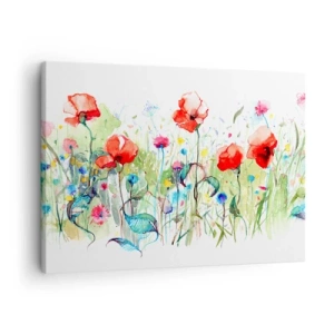 Quadro em tela - Um prado com papoulas vermelhas e flores coloridas em aquarela - 70x50cm - Prado florido de maio - Decoração de parede moderna para a sala de estar e quarto ARTTOR