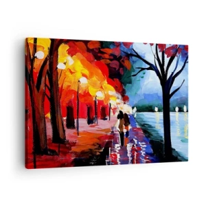 Quadro em tela - Uma caminhada de outono ao longo do caminho com vista para a água - 70x50cm - Outono ardente no parque - Decoração de parede moderna para a sala de estar e quarto ARTTOR