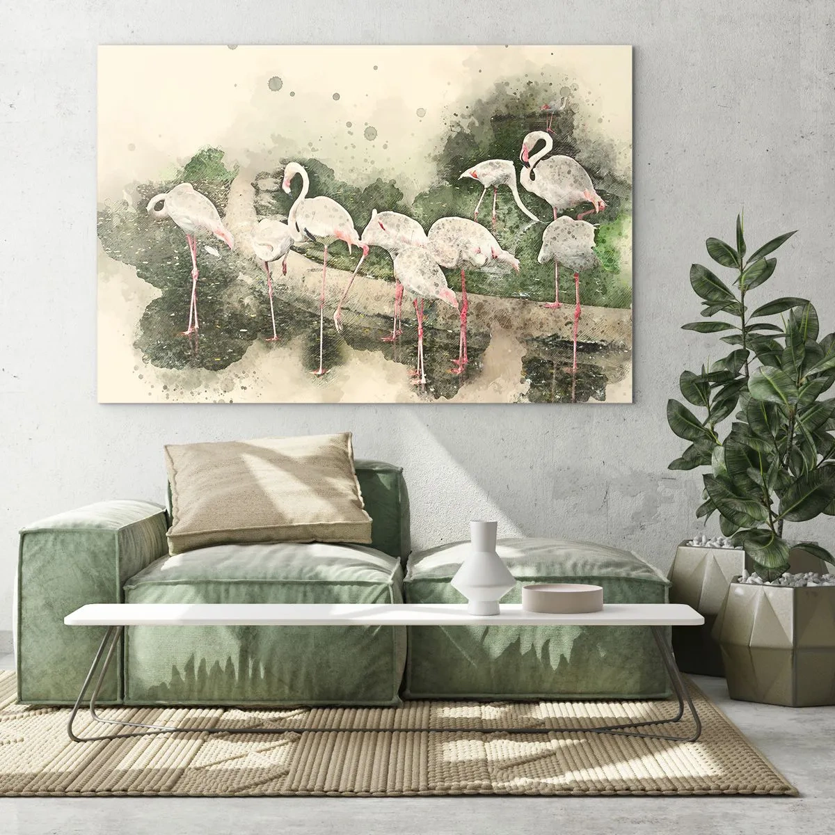 Quadro em vidro - Flamingos no fundo de uma composição em aquarela - 70x50cm - Sonho exótico - Decoração de parede moderna para a sala de estar e quarto ARTTOR
