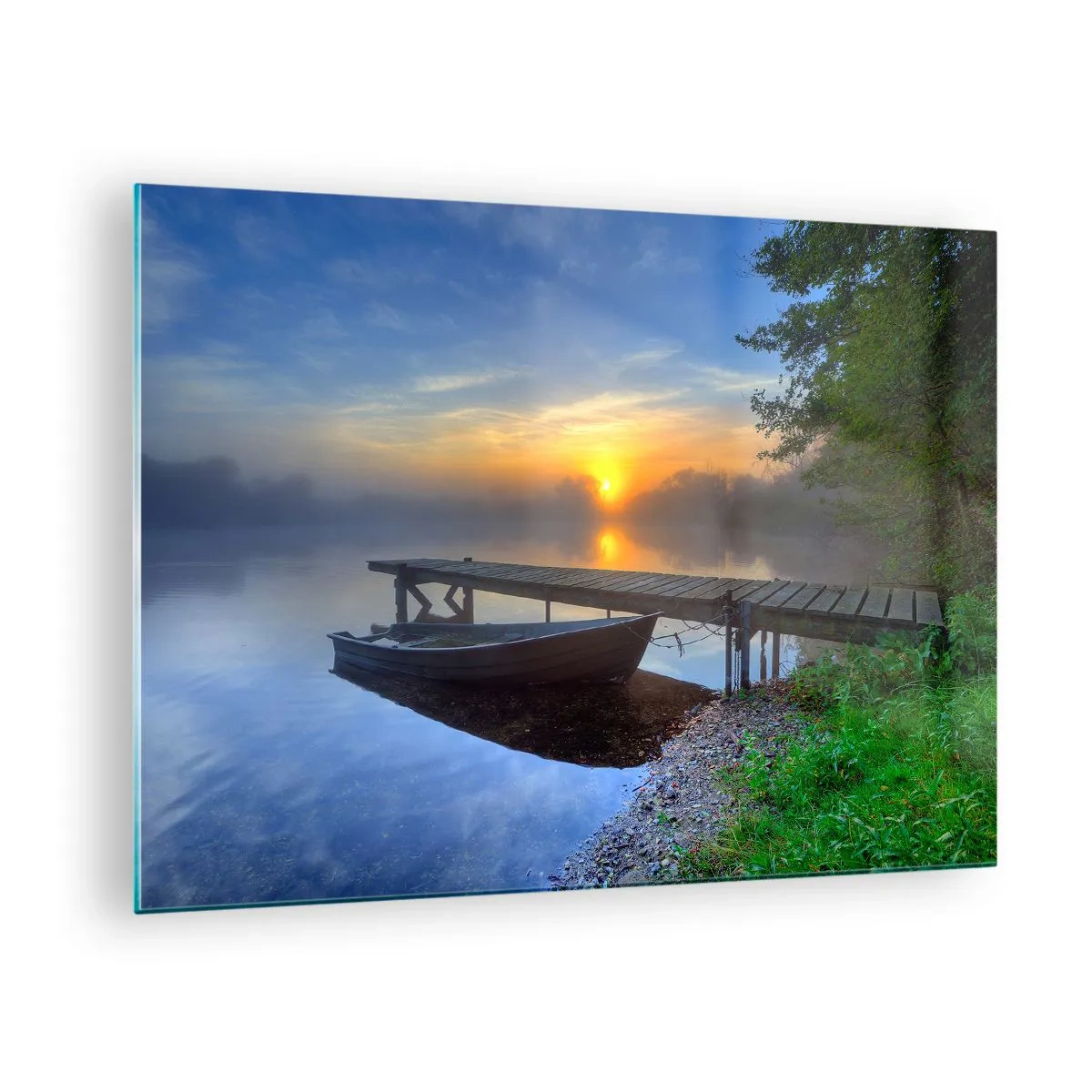 Quadro em vidro - Um barco no cais ao nascer do sol no lago - 70x50cm - Como o comum se transforma em mágico - Decoração de parede moderna para a sala de estar e quarto ARTTOR