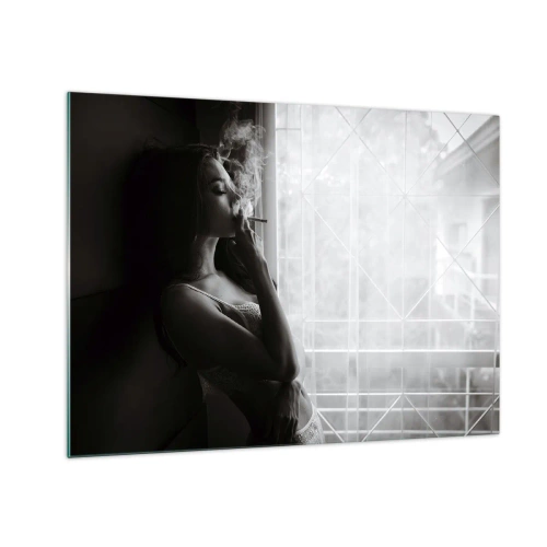 Quadro em vidro - Mulher fumando perto da janela em preto e branco - 70x50cm - Um momento sensual - Decoração de parede moderna para a sala de estar e quarto ARTTOR