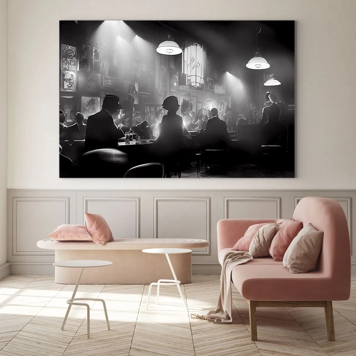 Quadro em vidro - Palco de jazz em preto e branco no interior de um clube - 70x50cm - Em uma atmosfera de jazz - Decoração de parede moderna para a sala de estar e quarto ARTTOR