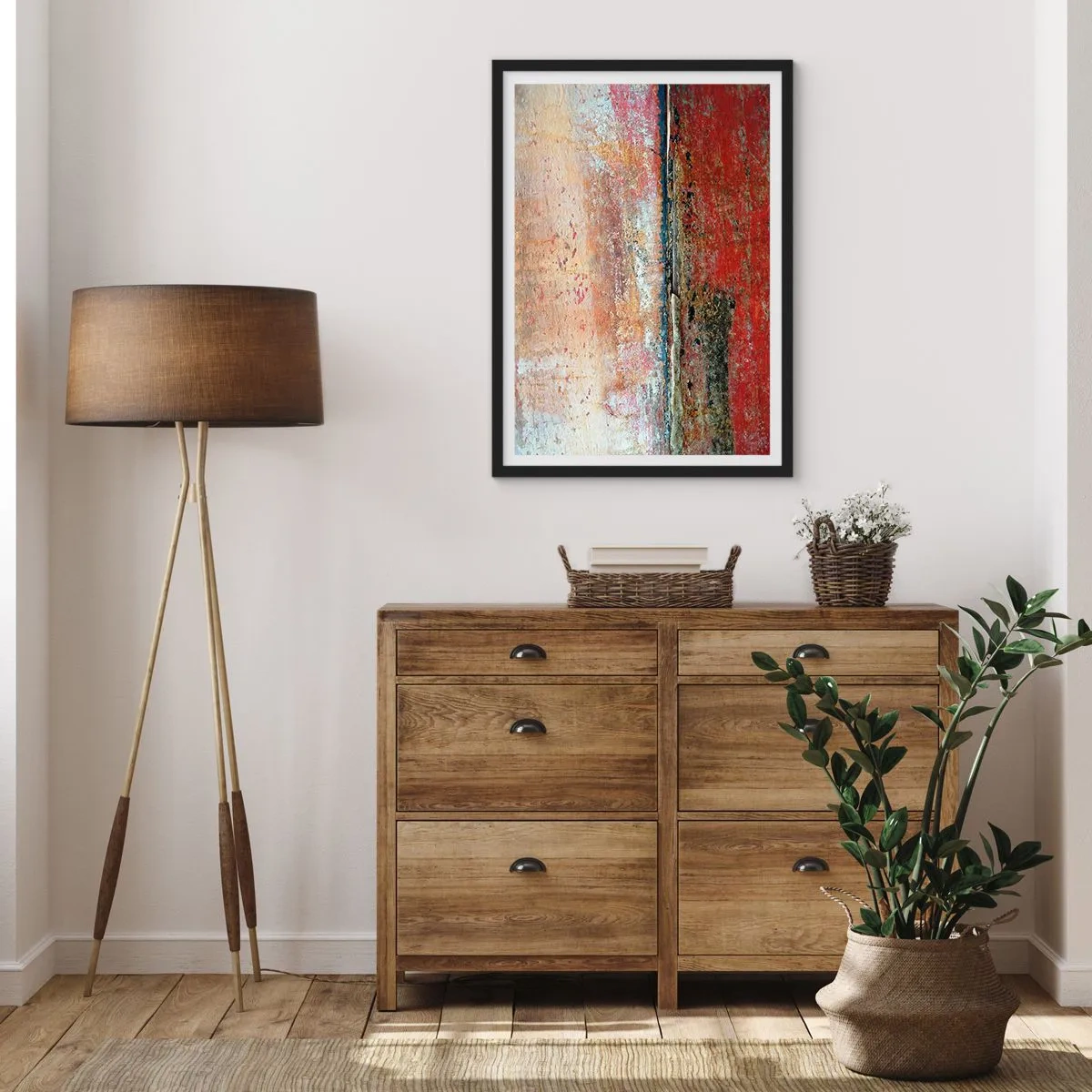 Pôster com moldura preta - Textura abstrata com abrasões em vermelho e bege - 50x70cm - Talvez seja o mar - Decoração de parede moderna para a sala de estar e quarto ARTTOR
